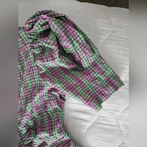 ZARA Pink & Green Plaid Seersucker Puff Sleeve Midi Dress | SZ XS - Picture 8 of 15